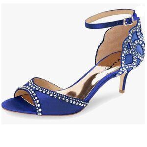 XYD Blue Open Toe Rhinestones Ankle Strap Sandals Low Heel Bridal Evening Shoes